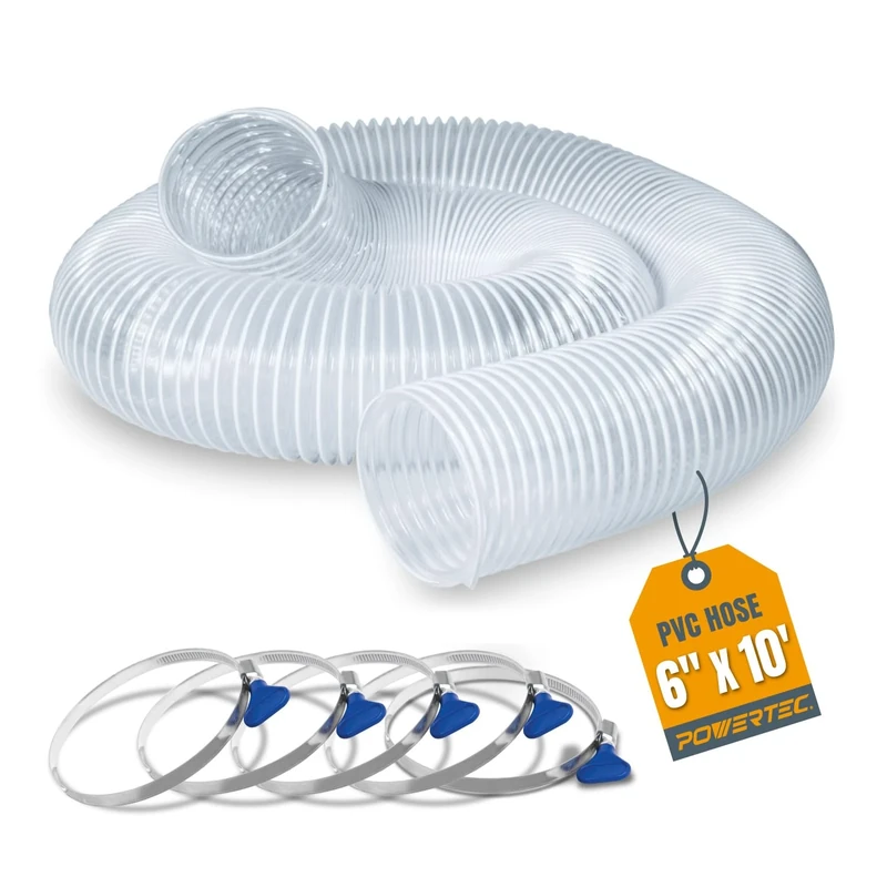 POWERTEC 70371 PVC Dust Collection Hose Kit, 6" x 10 Ft Left Spiral Hose with 5-PC 6" Key Hose Clamps