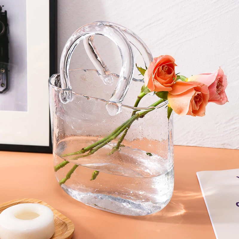 Fixwal Glass Handbag Shape Vase, Clear with Bubbles, 7.7"x7.3", Perfect for Centerpieces, Wedding Table Decorations - Image 1