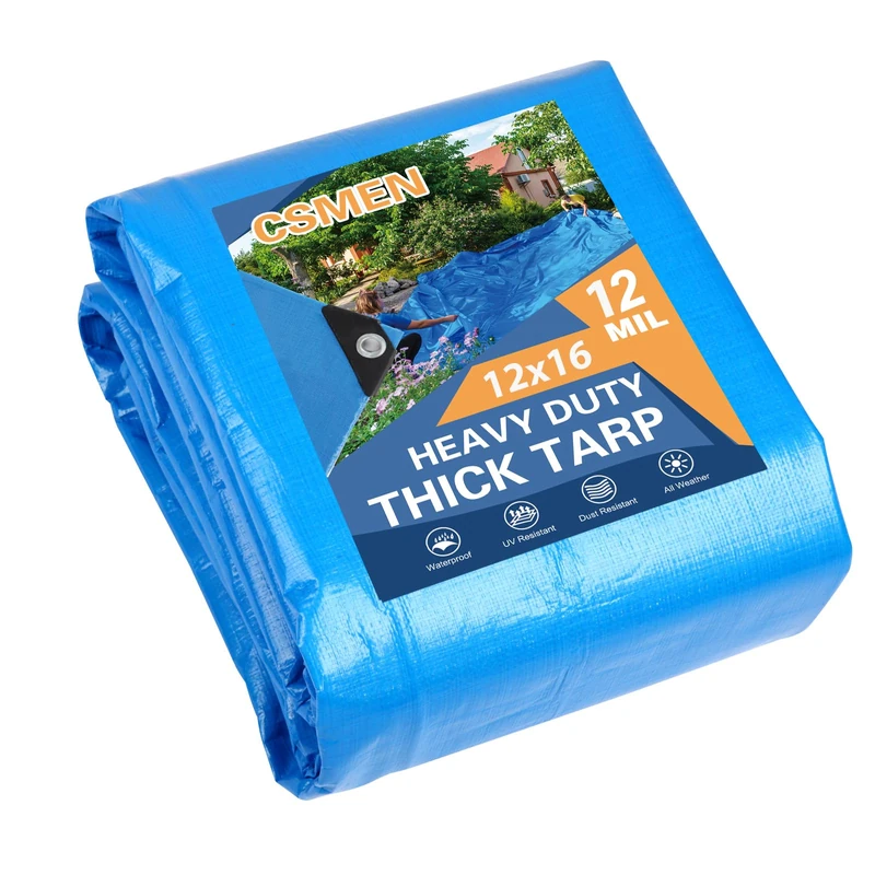 CSMEN Tarp Heay Duty Waterproof 12x16ft,Blue Tarp Cover Plastic Poly Tarpaulin for Outdoor Cover,Emergency Rain,Roof, Pool, Boat,Camping - Multipurpose with 11Mil Thickness