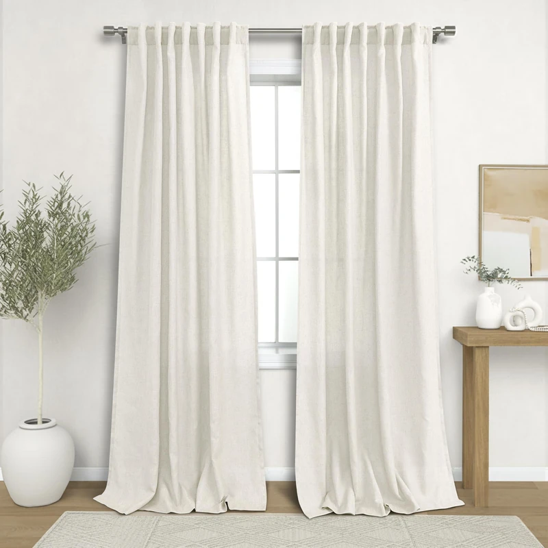 KOUFALL Natural Linen Curtains 86 Inch Length for Living Room, Cream Ivory Back Tab Rod Pocket Light Filtering Semi Sheer Curtain for Bedroom Set of 2 Panels