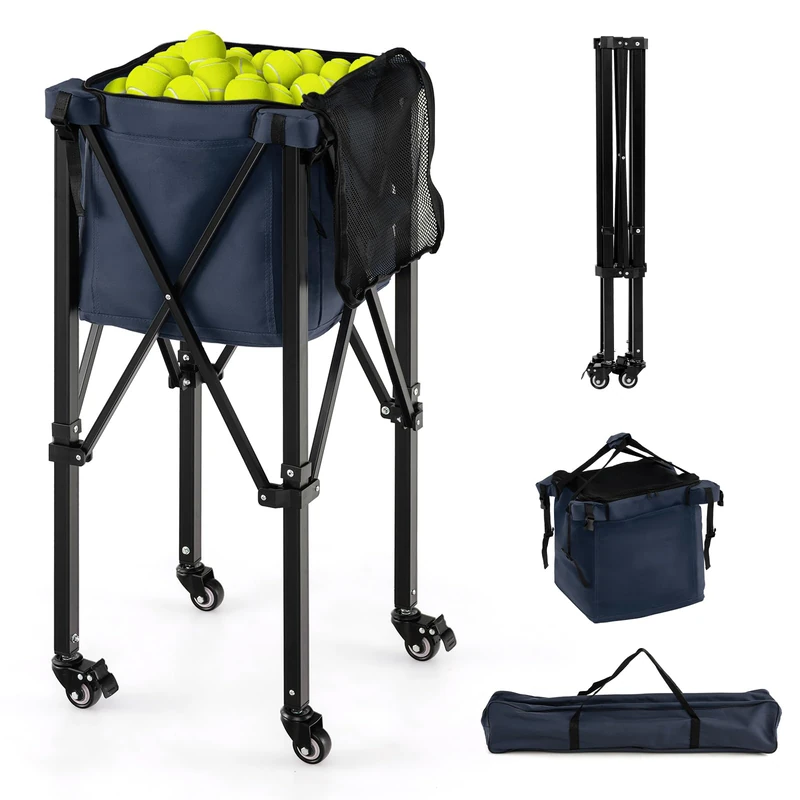 GYMAX Tennis Ball Cart, Foldable Tennis Balls Hopper Basket (Blue)