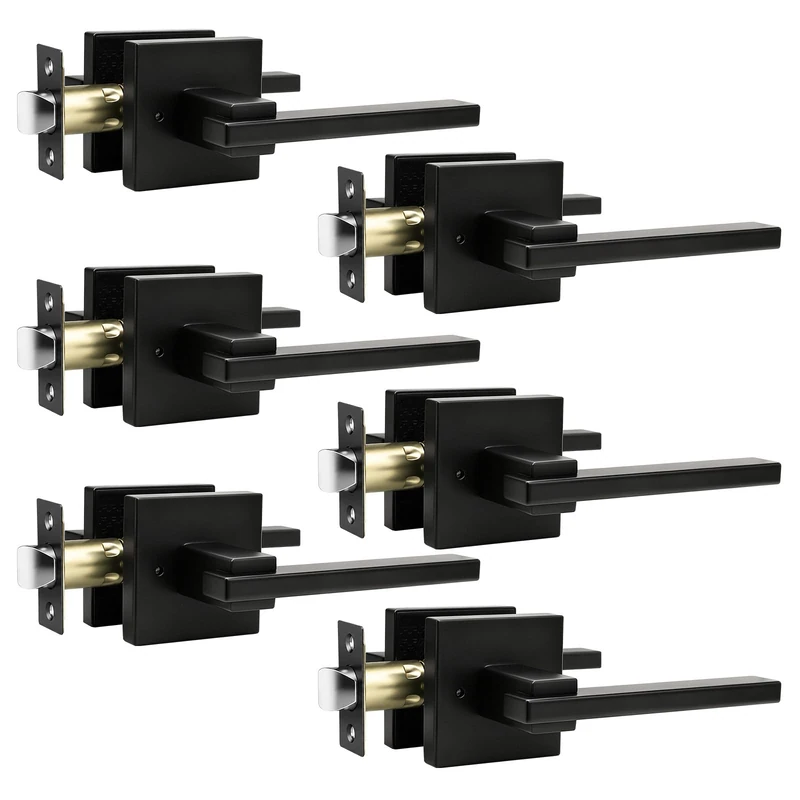 Orger 6 Pack Square Interior Handle Bedroom Bathroom Privacy Lever Set, Matte Black Lock for Left & Right Side Doors, Modern Keyless Stainless Steel
