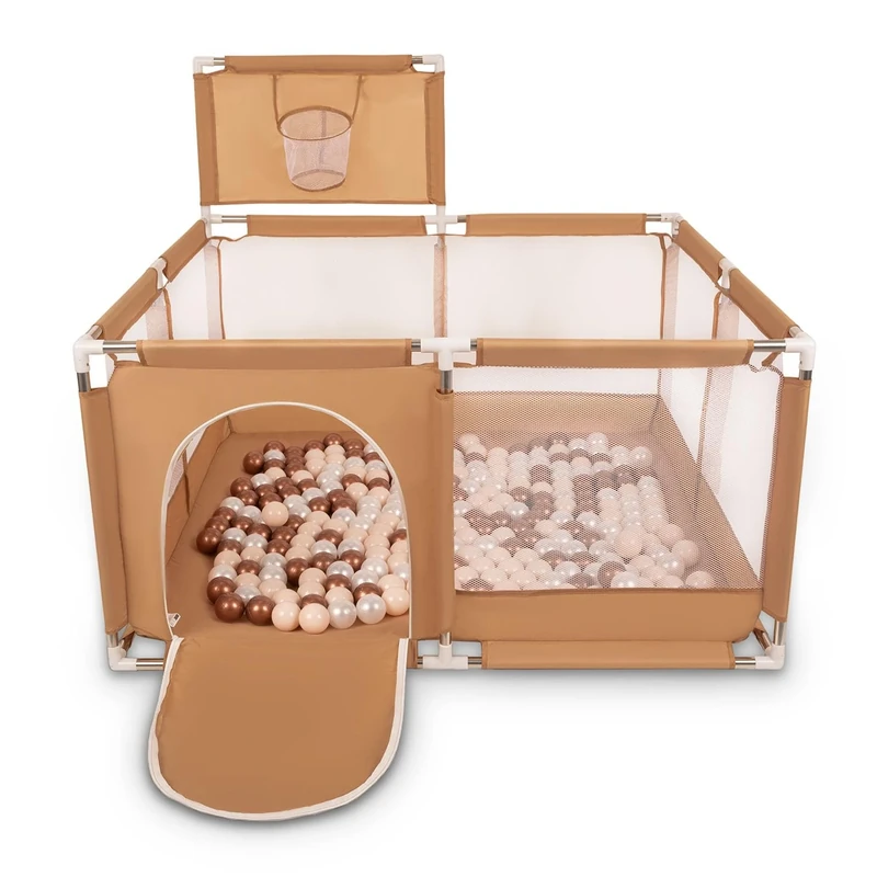 Selonis Square Play Pen Filed with 100 Balls Basketball, Beige:Pastel Beige/Copper/Pearl