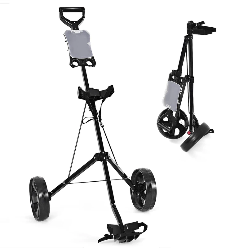 GYMAX 2 Wheel Golf Cart, Lightweight Folding Golf Trolley with Scoreboard, Steel Golf Push Pull Cart (Black)
