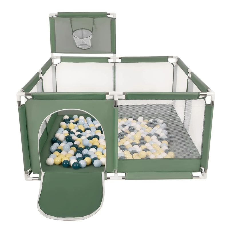 Selonis Square Play Pen Filed with 100 Balls Basketball, Green:Dark Turquoise/Pastel Blue/Pastel Yellow/White