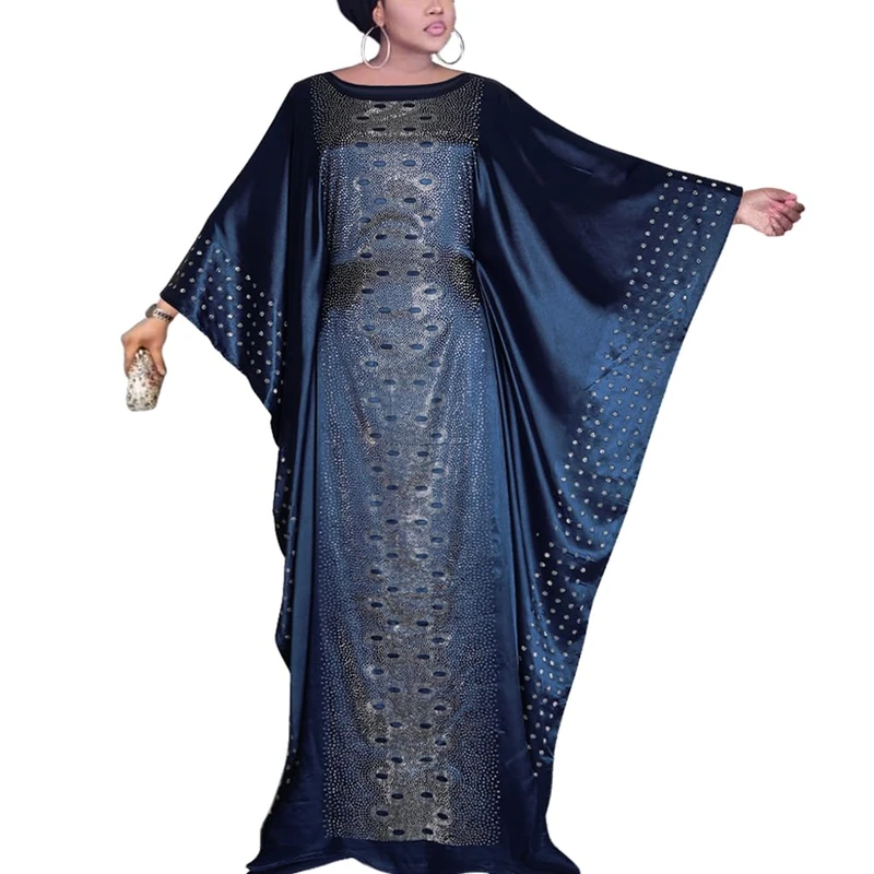 HD African Dresses for Women Fashion Beading Rhinestone Kaftan Maxi Dress, Navyblue-87（with Inner Belt Version）, One size