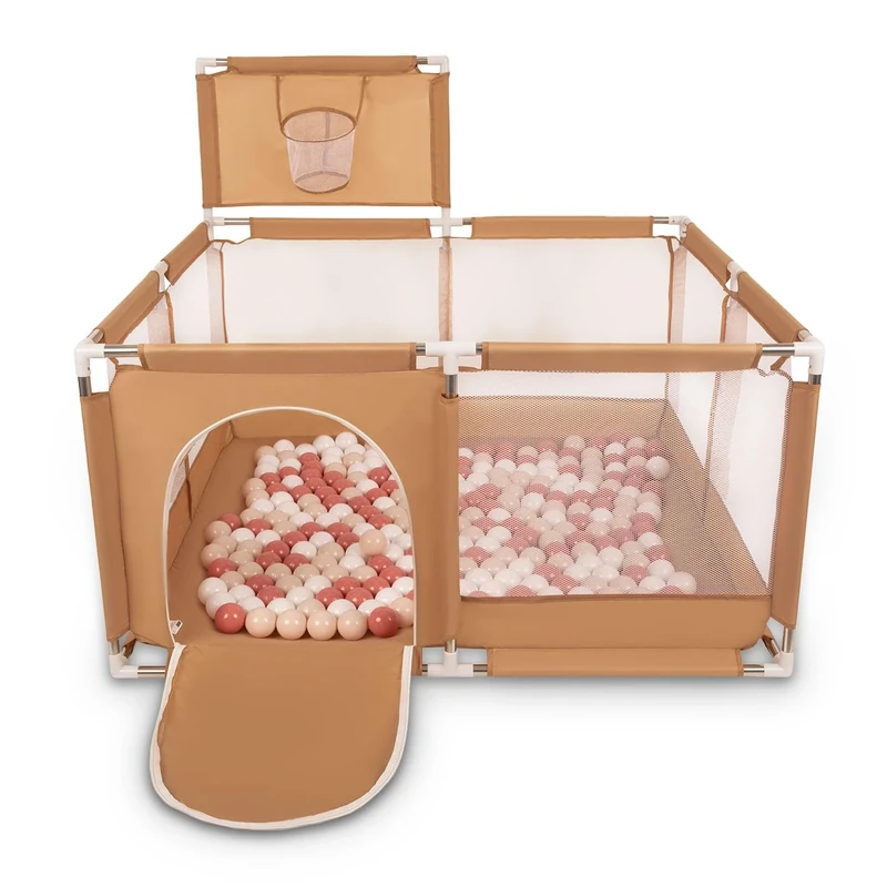 Selonis Square Play Pen Filed with 100 Balls Basketball, Beige:Pastel Beige/Salmon Pink/White
