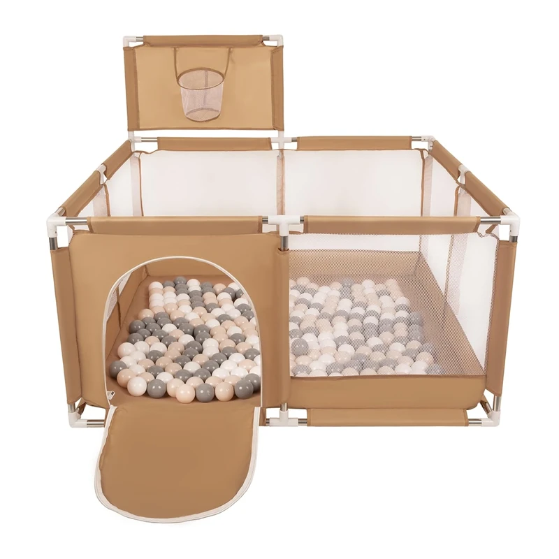 Selonis Square Play Pen Filed with 100 Balls Basketball, Beige:Pastel Beige/Grey/White