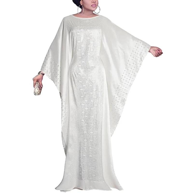 HD African Dresses for Women Fashion Beading Rhinestone Kaftan Maxi Dress, White-87（with Inner Belt Version）, One Size