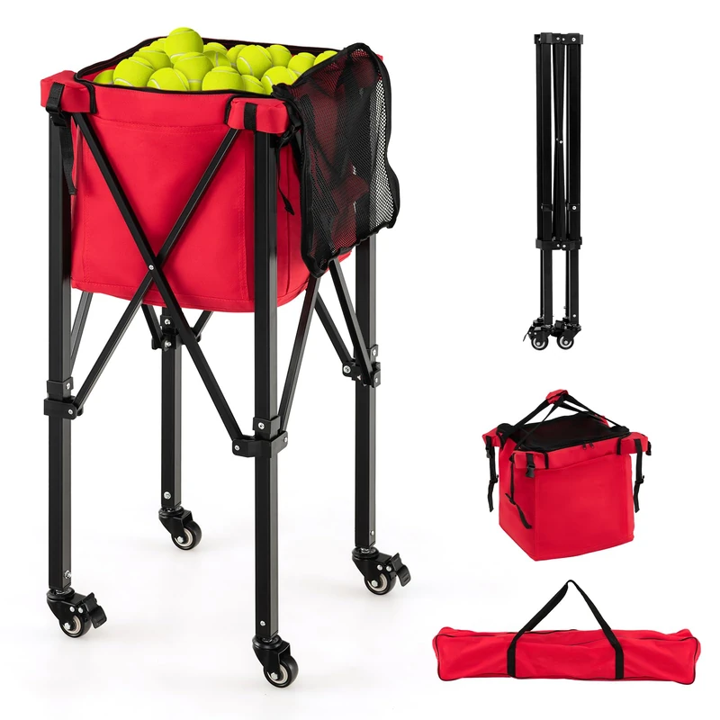 GYMAX Tennis Ball Cart, Foldable Tennis Balls Hopper Basket with Wheels, Side Pockets & Carry Bag, 150 Ball Capacity Available, Lightweight Tennis Teaching Cart