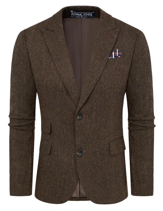 PJ PAUL JONES Men's Vintage Herringbone Tweed Blazers British Wool Blend Sport Coat Jacket, Brown Herringbone, XXL