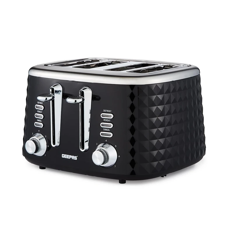 GEEPAS 4 Slice Toaster | 7 Browning Levels with Cancel Defrost Reheat | For Thin Small Bread Slice | 2 Independent Controls 2 Removable Crumb Trays High Lift | 2 Yr Warranty 1750W Black Argyle