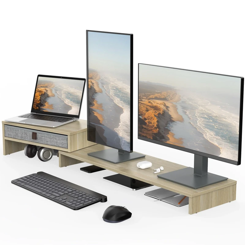 Fenge Dual Monitor Stand With Drawer - 2 Shelf Riser With Adjustable Length and Angle, Wood Stand for 2 Monitors, Laptop PC, Computer, Printer, Desktop Organizer, Oak
