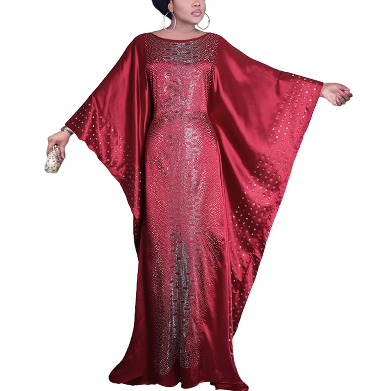 HD African Dresses for Women Fashion Beading Rhinestone Kaftan Maxi Dress, Red-87（with Inner Belt Version）, One size