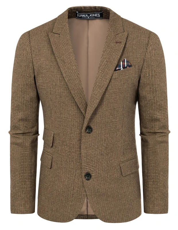 PJ PAUL JONES Men's Vintage Herringbone Tweed Blazers British Wool Blend Sport Coat Jacket, Coffee Houndstooth, L