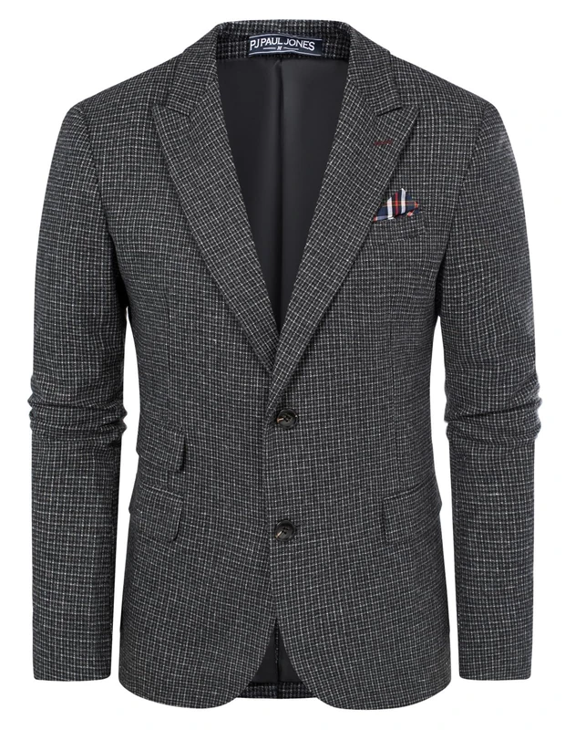 PJ PAUL JONES Men's Vintage Herringbone Tweed Blazers British Wool Blend Sport Coat Jacket, Black Houndstooth, M