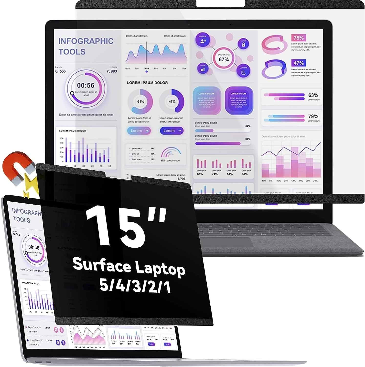 15 Inch Magnetic Privacy Screen Compatible With 15Inch Surface Laptop 5/4/3/2/1, Removable Anti Blue Light Glare Filter, Black Security Private Apy Block Protector