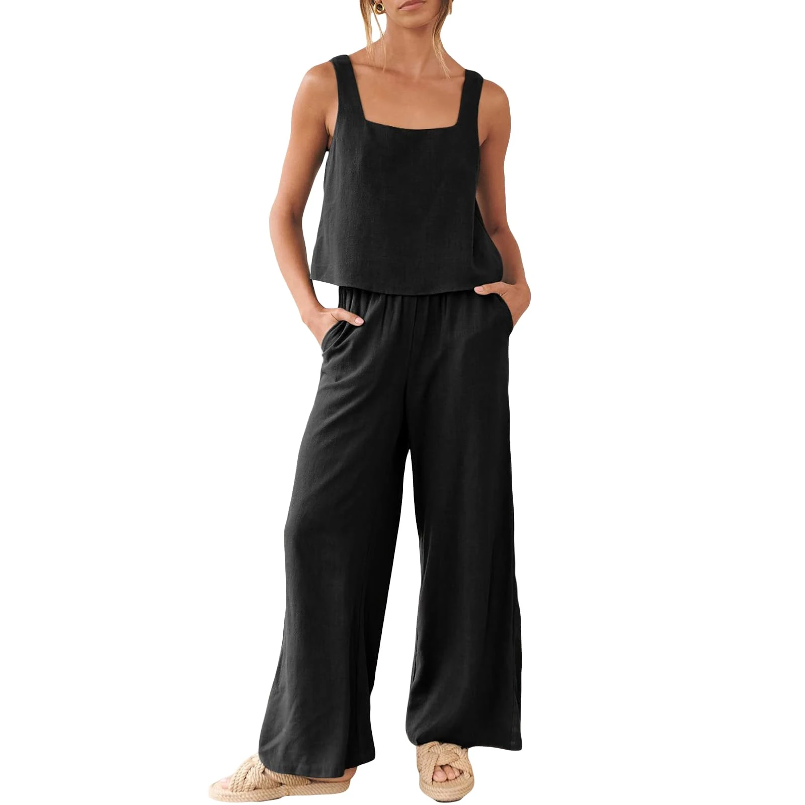 Geagodelia Women's Two Piece Outfit Summer Ladies Co Ord Set Shirt Top + Trousers Y2k Aesthetic Clothes Loungewear Streetwear (B - Black (Vest Top), L)
