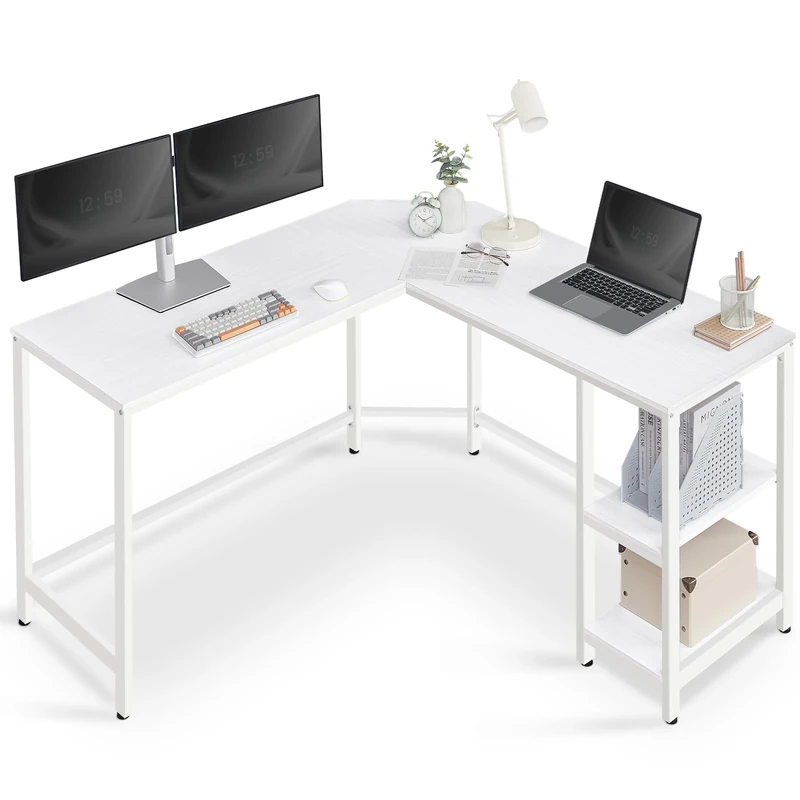 VASAGLE Computer Desk, L-Shaped Corner Desk, 138 x 138 x 76 cm, Gaming Desk, Workstation with 2 Storage Shelves for Home Office, Space-Saving, Easy to Assemble, Maple White LWD072W44