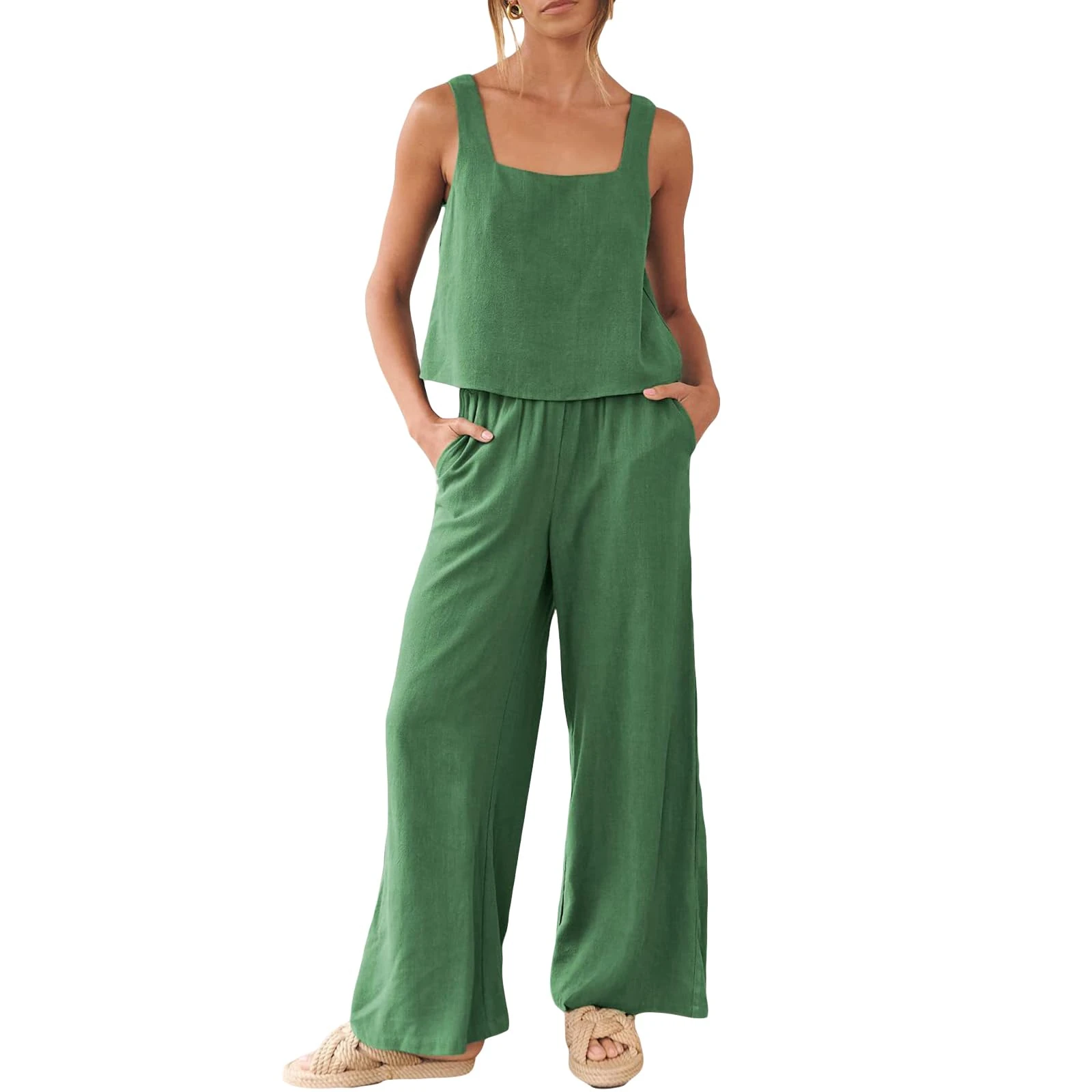 Geagodelia Women's Two Piece Outfit Summer Ladies Co Ord Set Shirt Top + Trousers Y2k Aesthetic Clothes Loungewear Streetwear (B - Green (Vest Top), L)
