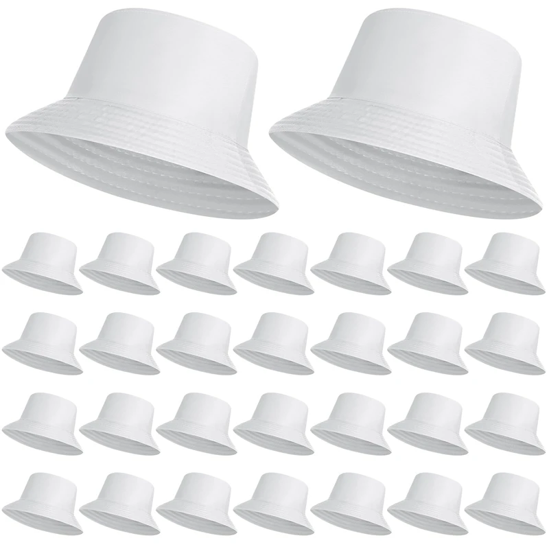 Haysandy 30 Pcs Solid Bucket Hat Bulk Packable Fishing Hats Travel Bucket Hat Beach Fishing Cap for Women Men (White)