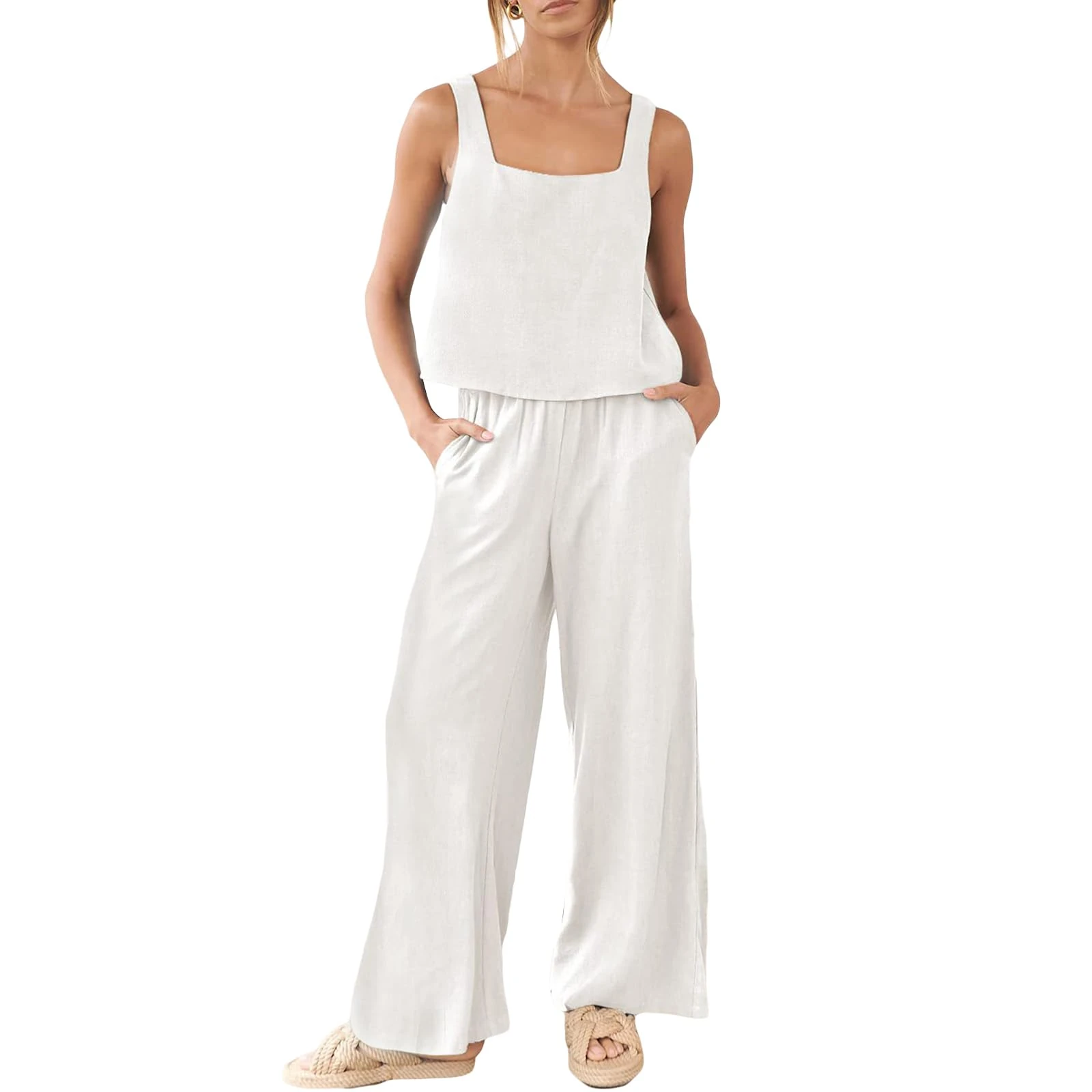 Geagodelia Women's Two Piece Outfit Summer Ladies Co Ord Set Shirt Top + Trousers Y2k Aesthetic Clothes Loungewear Streetwear (B - White (Vest Top), XL)