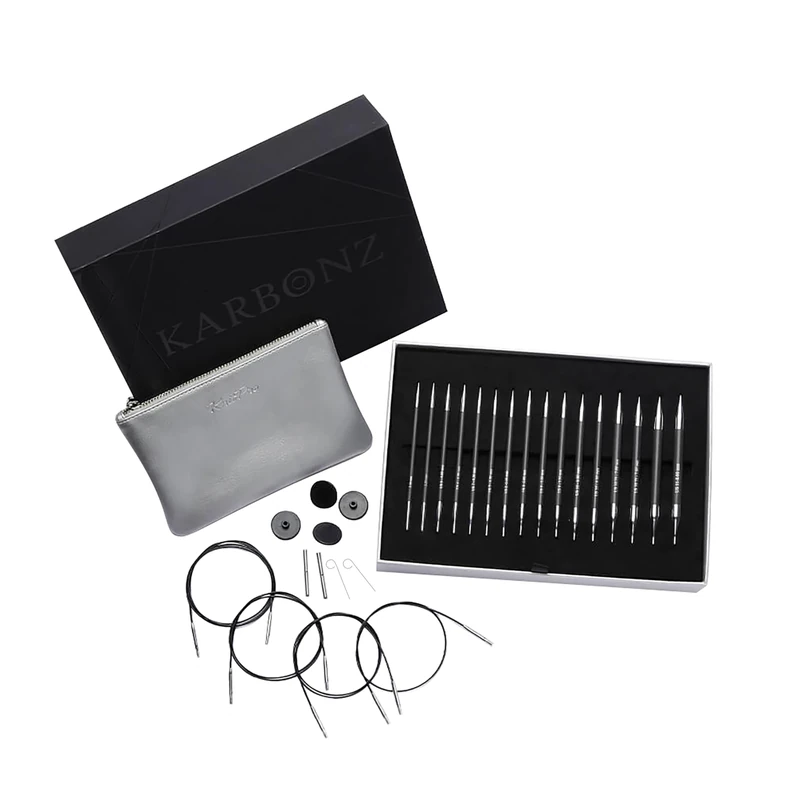 KNITPRO Karbonz Interchangeable Circular Needles Set with Accessories (3.50-8.00mm), Black and Silver