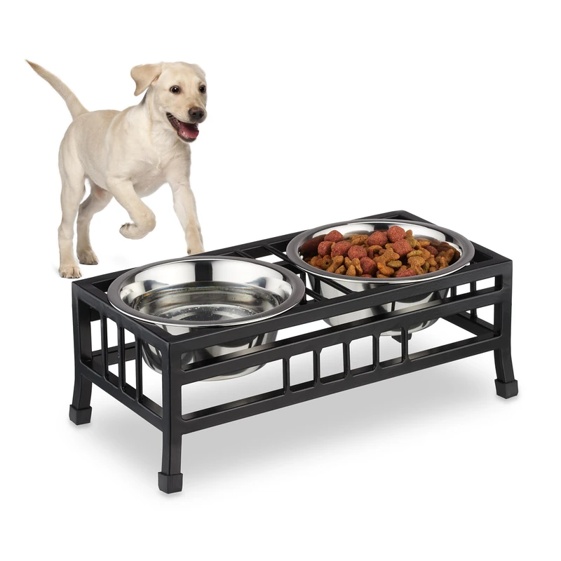 Relaxdays Dog Bowls with Stand, Raised Feeder, 2 Dishes, 750 ml Each, for Food & Water, Iron & Stainless Steel, Black, 13.5 x 37 x 18 cm