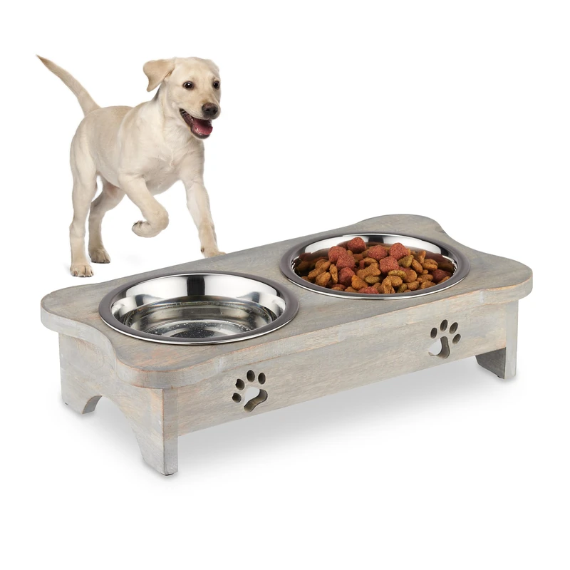 Relaxdays Dog Bowls with Stand, 2 Dishes, Raised Feeder, Paw Design, 750 ml Each, Mango Wood & Stainless Steel, Grey