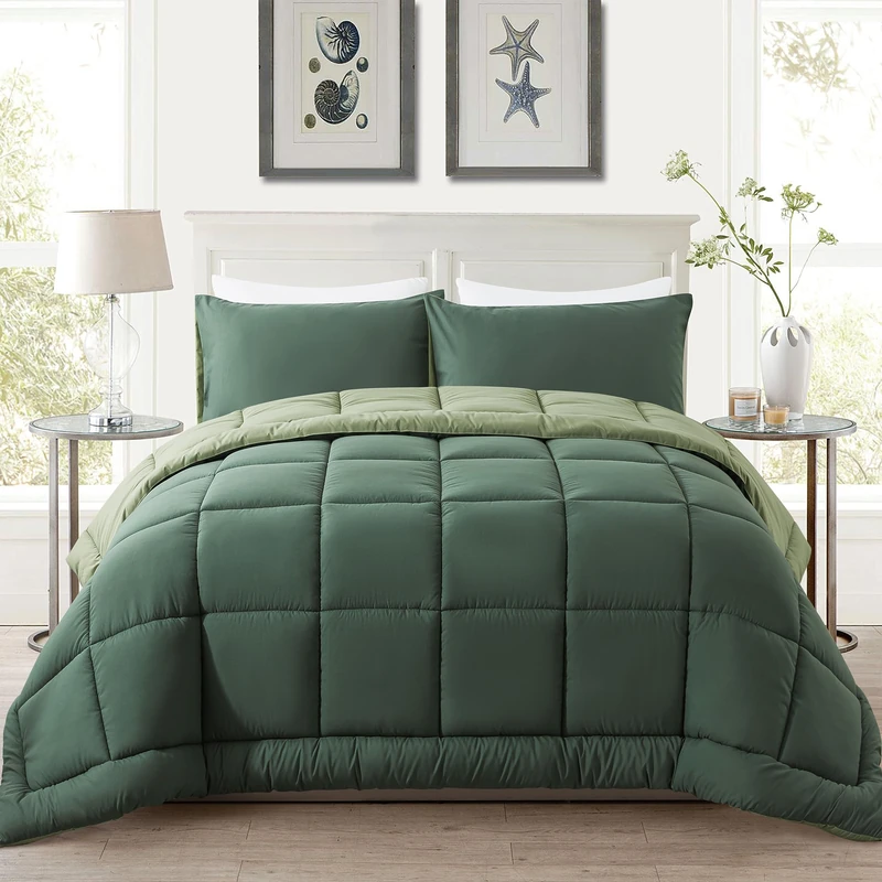 DOWNCOOL Queen Comforter Set -All Season Bedding Comforters Sets with 2 Pillow Cases-3 Pieces Bedding Sets Queen -Down Alternative Double Green Queen Size Comforter Sets(88"x90") - Image 1
