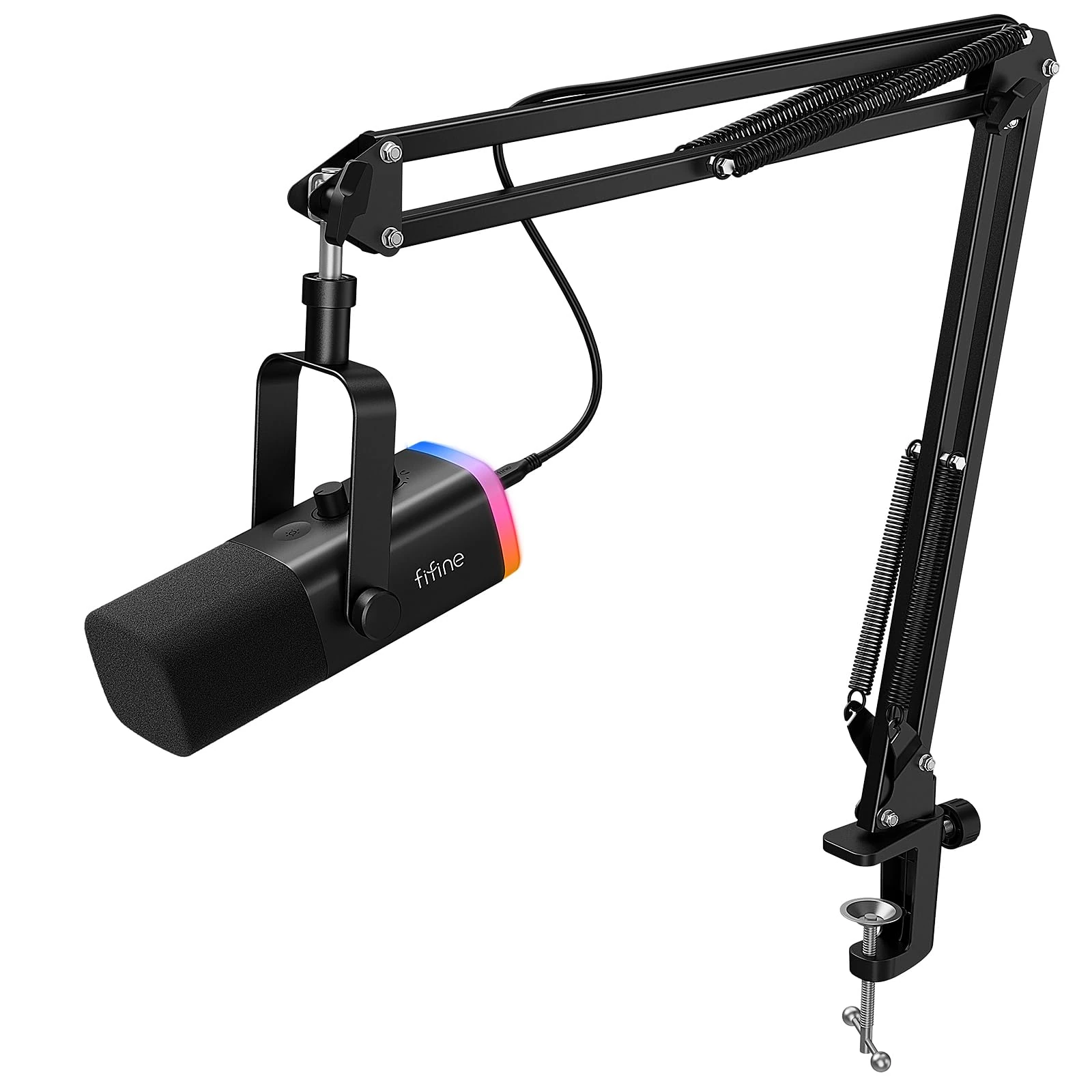 FIFINE Gaming Microphone Kit, XLR/USB Microphone Set for PC/MAC/PS5/Mixer, Boom Arm Stand Dynamic Mic with Controller RGB, Mute Button, Gain Knob, for Podcast Recording, Vocal-AmpliGame AM8T
