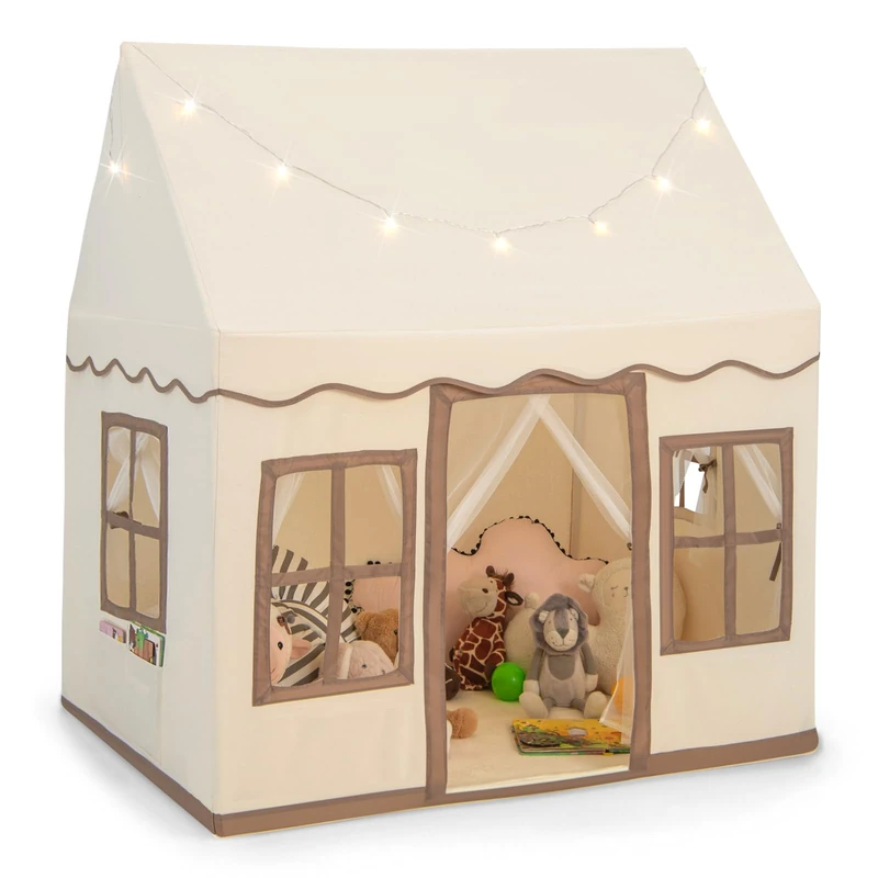 GYMAX Kids Tent, Indoor Children Playhouse with Washable Mat, Star Lights & Windows, Large Play Tent for 3-10 Years Old Girls Boys (Beige+Coffee) (GYTP10088) - Image 1