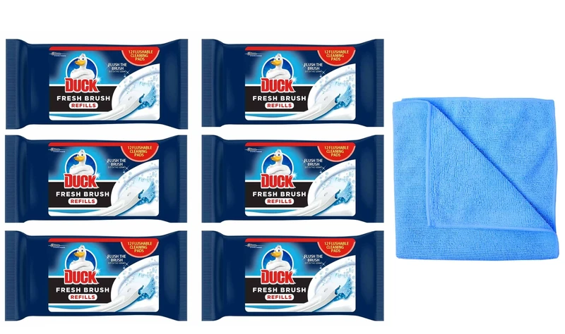 6X Duck Fresh Brush Refills - 6X12 Flushable Cleaning Pads- -Biodegradable Duck Toilet Bowl Cleaner (6 Packs) - with Microfibre Cleaning Cloth