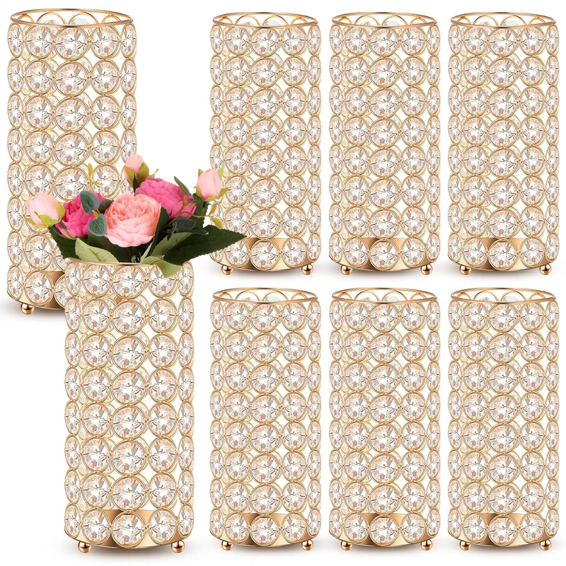 Dandat 8 Pcs Crystal Flower Vase for Wedding Table Centerpieces 7.87 in Crystal Pillar Candle Holder Metal Cylinder Flower Vase Stand for Wedding Decor Gifts Flower Arrangement Valentine Event(Gold)