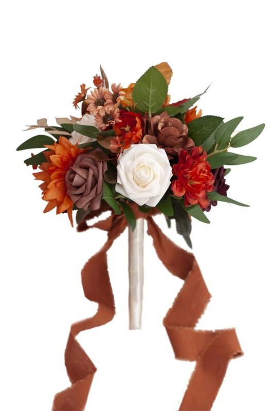 Ansofi Fall Burnt Orange Wedding Bouquets for Bride Bridesmaids Artificial Rose Flower Cascading Bridal Bouquet for Wedding Ceremony Anniversary, Bridal Shower and French Rustic Vintage Boho Wedding