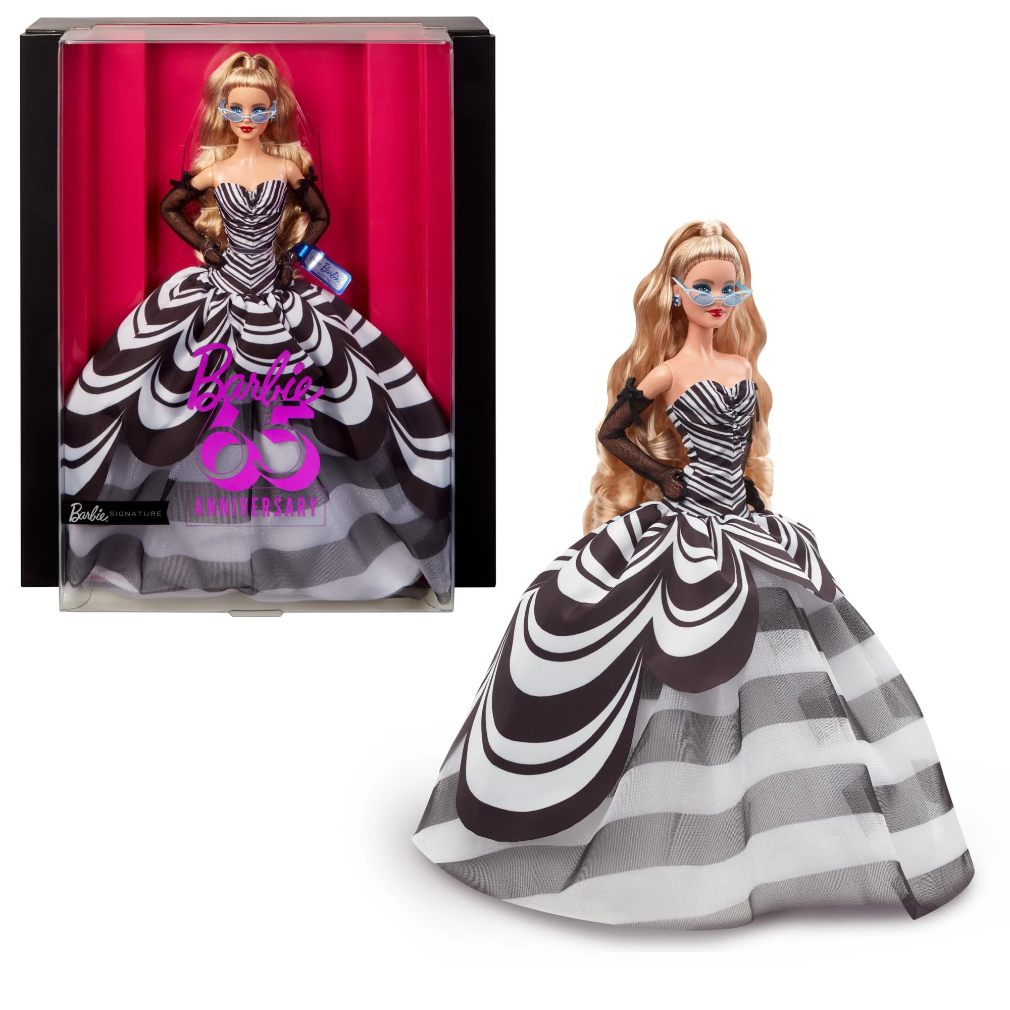 Barbie Signature Doll, 65th Anniversary Collectible with Blonde Hair, Black and White Gown, Sapphire Gem Earrings and Sunglasses, HRM58