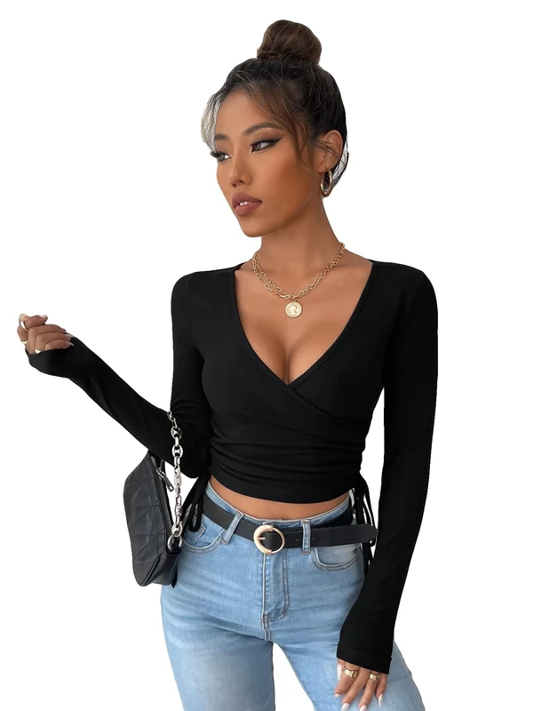 GORGLITTER Women's Ruched Wrap Crop Tops Long Sleeve Deep V Neck Tie Side Sexy Y2K T Shirt Crop Top Black S