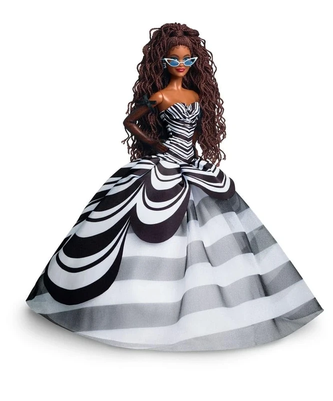 Barbie Signature Doll, 65th Anniversary Collectible with Brown Braided Hair, Black and White Gown, Sapphire Gem Earrings and Sunglasses, HRM59