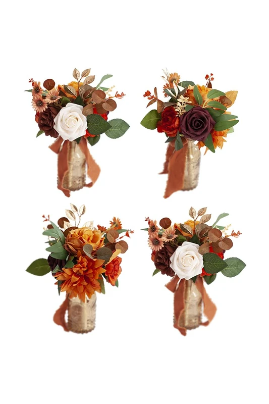 Ansofi Burnt Orange Wedding Flowers Mini Bridesmaid Bouquets Table Centerpieces Set of 4 Small Floral Centerpieces Bouquets for Wedding Home Decorations