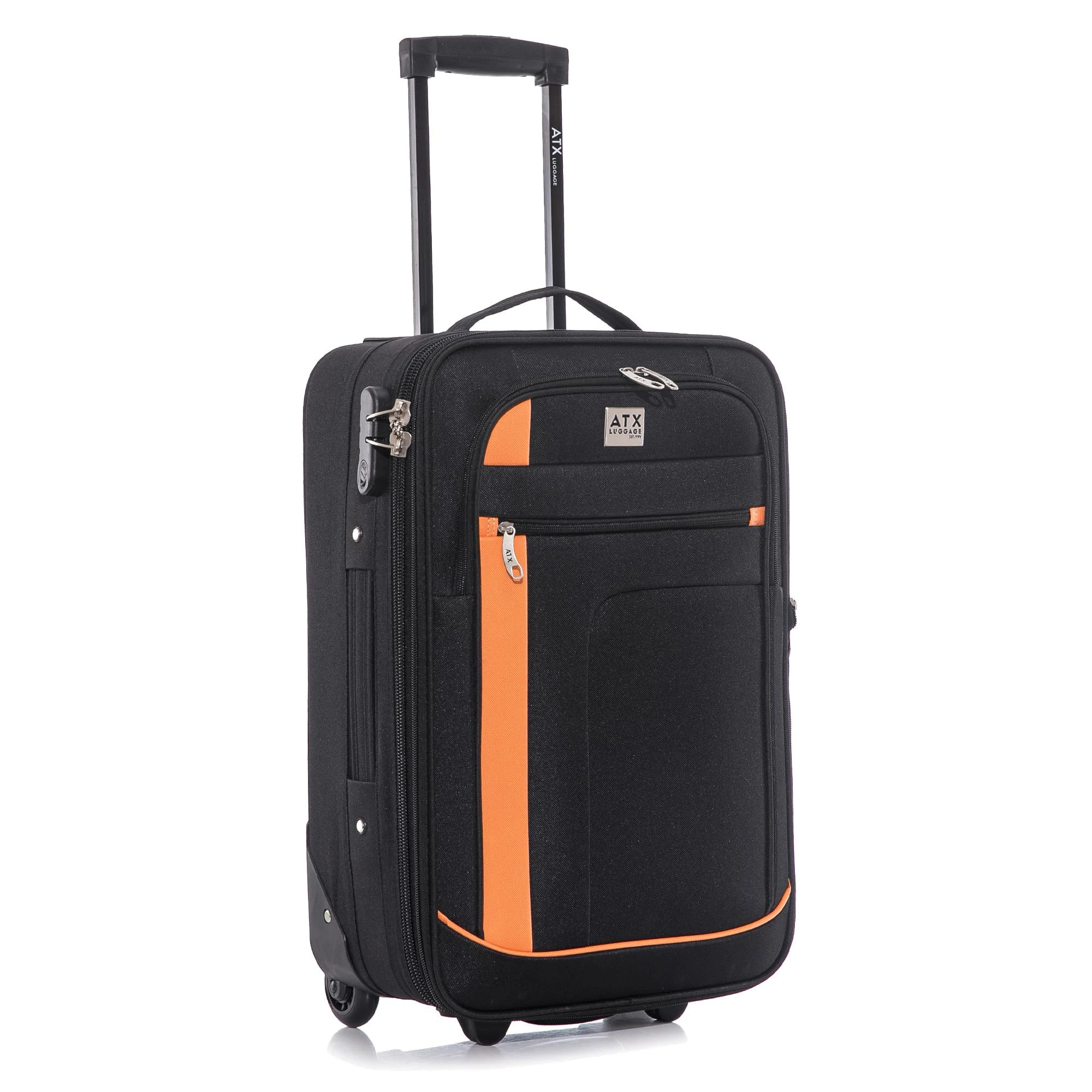 ATX Luggage 55x35x20cm Cabin Suitcase-Lightweight Softshell Carry-ons Approved for Ryanair EasyJet British Airways with 2 Wheels and Built-in Combination Lock (Black/Orange, 48 Liter)