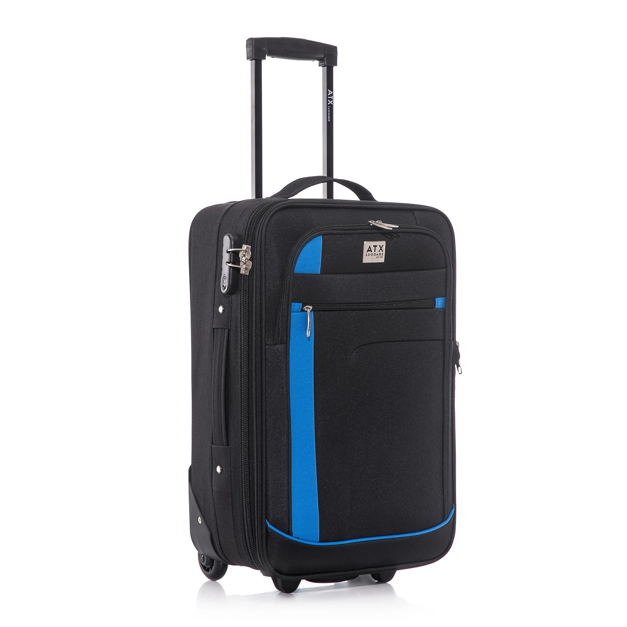 ATX Luggage 55x35x20cm Cabin Suitcase-Lightweight Softshell Carry-ons Approved for Ryanair EasyJet British Airways with 2 Wheels and Built-in Combination Lock (Black/Blue, 48 Liter)