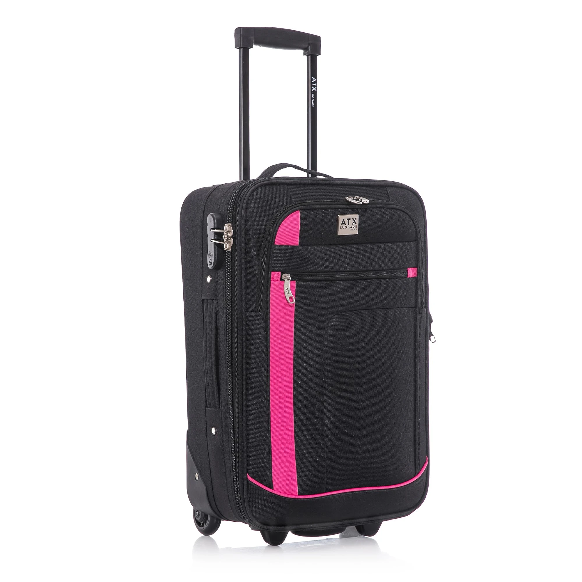 ATX Luggage 55x35x20cm Cabin Suitcase-Lightweight Softshell Carry-ons Approved for Ryanair EasyJet British Airways with 2 Wheels and Built-in Combination Lock (Black/Pink, 48 Liter)