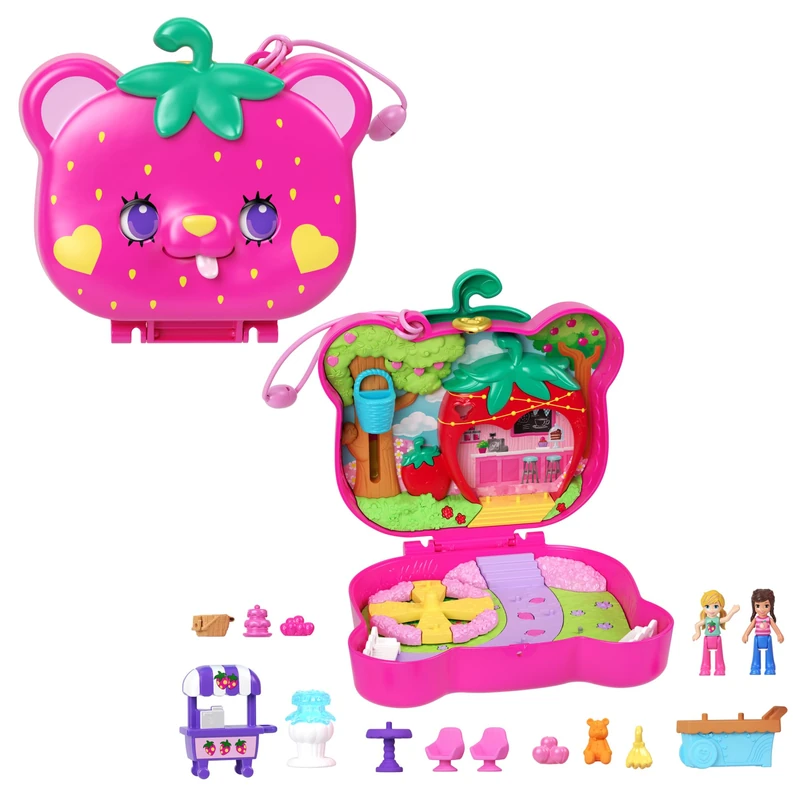 Polly Pocket Playset with 2 Micro Dolls & 12 Accessories, Straw-beary Patch Compact Travel Toy with Fidget Exterior, HRD35