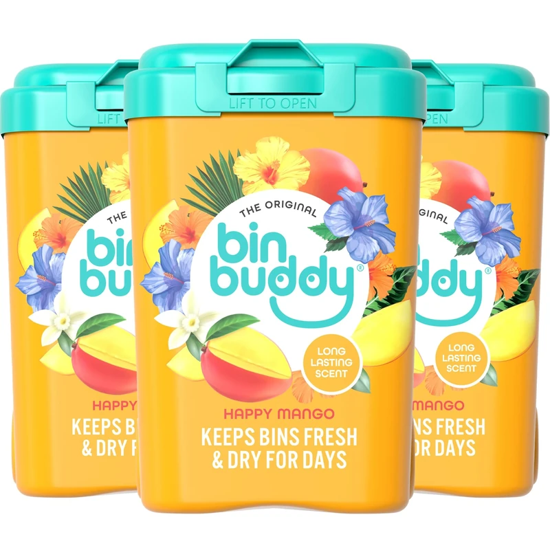 Bin Buddy Happy Mango, Pack of 3 - Leaves Your Bin Fresh and Smelling Great – Suitable for Indoor, Kitchen, Bathroom, Compost, Food Waste and Outdoor Wheelie Bins