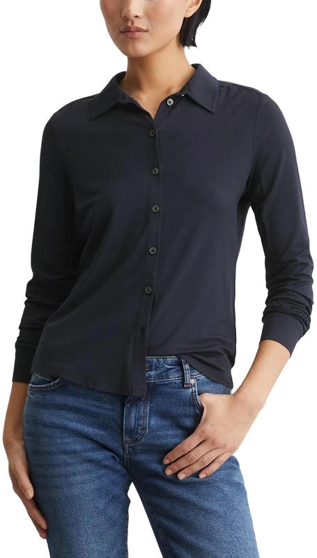 Marc OߴPolo Women's Pointed Collar Jersey Blouse with Stretch, Blue (Manic Midnight), M