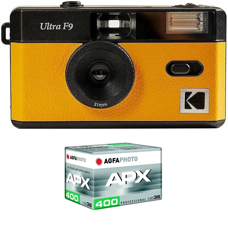 KODAK Pack F9 Silver + 400 ASA Film - Yellow Rechargeable Camera, Fixed Wide Angle Lens, Optical Viewfinder, Built-in Flash + APX 00 Film, 36 Poses