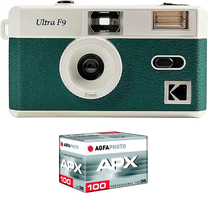 KODAK Pack F9 Silver + 100 ASA Film - Rechargeable 35 mm Green Camera, Fixed Wide Angle Lens, Optical Viewfinder, Built-in Flash + APX 100 Film, 36 Poses