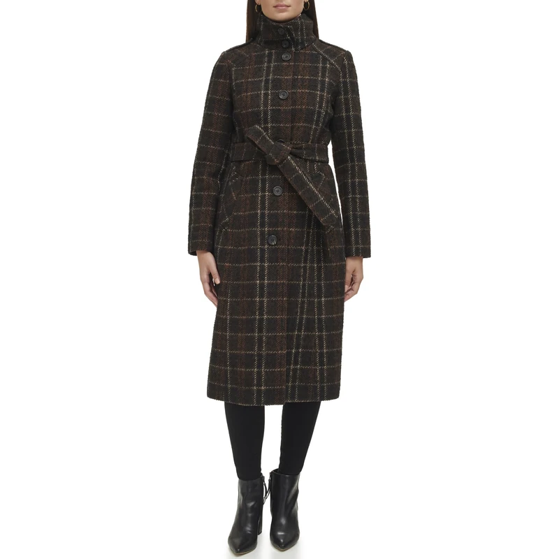 Kenneth Cole Women's Stand Collar Military Coat, Full Length Brown Plaid, S