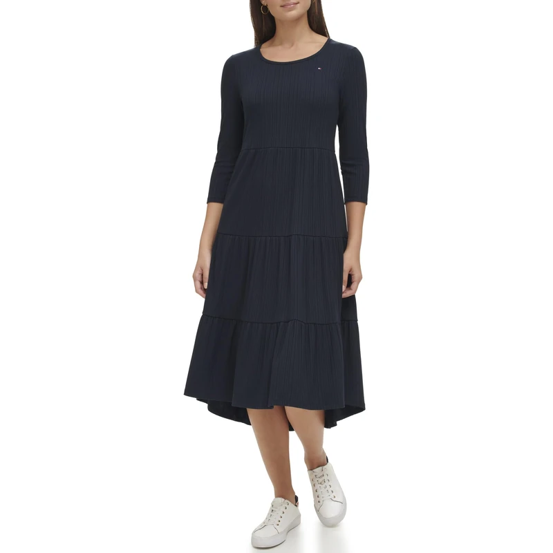 Tommy Hilfiger Women's Tiered Stripe Midi Dress, Sky Captain, XS
