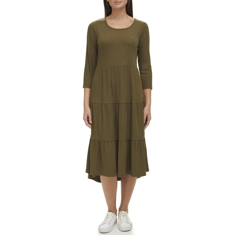 Tommy Hilfiger Women's Tiered Stripe Midi Dress, Dark Olive, XXL
